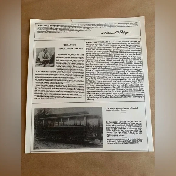 Paul Sawyier Main Street Trolley Framed Print Limited Edition 1991